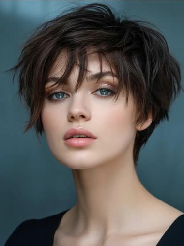 Short Natural Looking Wigs With Bangs 6" Black Remy Human Hair Wigs
