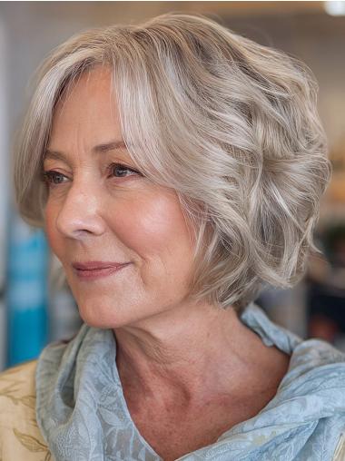 Short Gray Hair Wigs Bobs Wavy 8" Monofilament Wigs