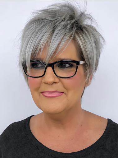 Gray Short Wig With Bangs Straight 6" Monofilament Wigs