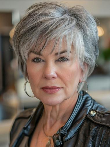 Grey Wigs Short With Bangs Straight 6" Monofilament Wigs