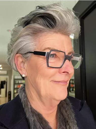 Short Gray Wigs For Seniors Boycuts Wavy 6" Monofilament Wigs