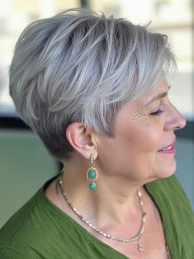 Short Gray Pixie Wigs With Bangs Straight 4" Lace Front Wigs