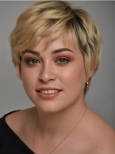 Short Hair Wigs With Bangs Blonde Wavy Remy Human Hair Wigs