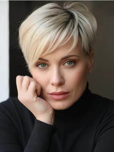 Short Blonde Lace Front Wig Remy Human Hair 6" With Bangs Wigs