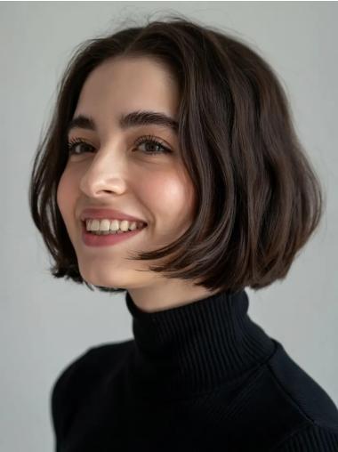 Short Brown Bob Wig Remy Human Hair Wavy 8" Monofilament Wigs