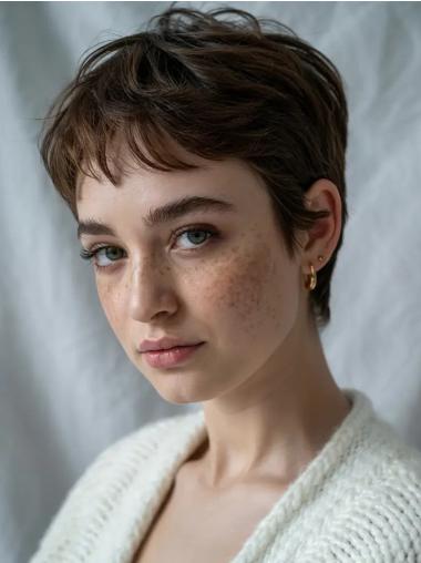 Short Brown Hair Wig Wavy Boycuts Monofilament Synthetic Wigs