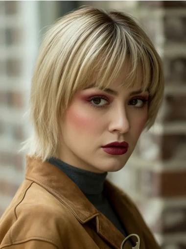 Blonde Short Wig Straight With Bangs Monofilament Synthetic Wigs