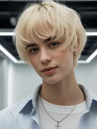 Short Blonde Wigs Synthetic Wavy 6" With Bangs Wigs