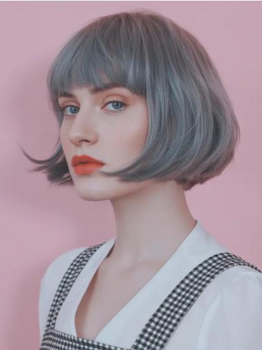 Short Silver Gray Wigs Bobs Straight 8" Lace Front Wigs