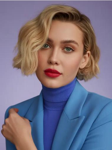 Short Blonde Bob Wigs Wavy 8" Monofilament Remy Human Hair Wigs