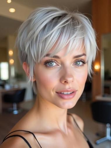 Silver Grey Human Hair Wigs Short 4" Straight With Bangs Wigs