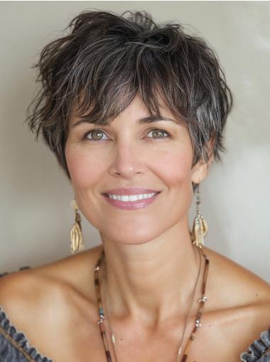 Grey Short Wigs With Bangs Wavy 6" Monofilament Wigs