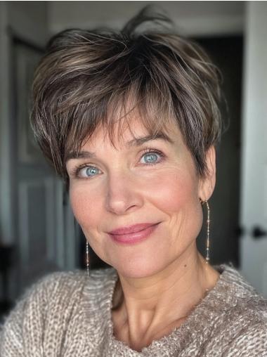 Human Hair Gray Short Wigs 4" Straight With Bangs Monofilament Wigs
