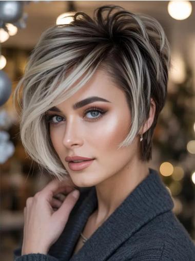 Short Wigs For Older Women Wavy With Bangs Monofilament Synthetic Wigs