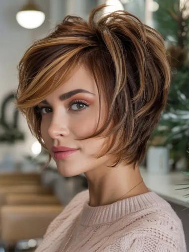 Ladies Wigs Short Styles Remy Human Hair Wavy 6" With Bangs Wigs