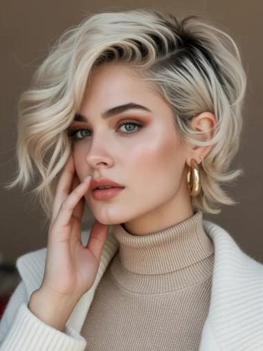 Human Hair Wigs Short Cuts 8" Wavy Layered Monofilament Wigs