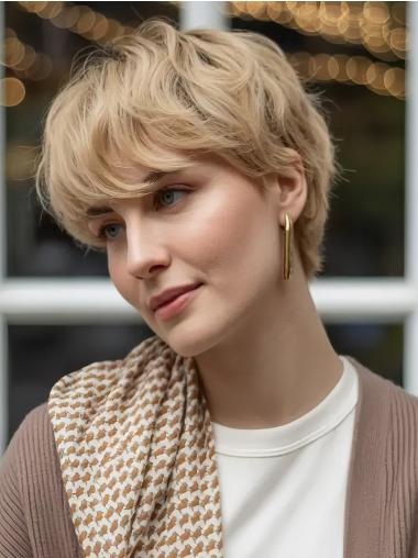Short Blond Wigs Remy Human Hair Wavy 6" Layered Wigs