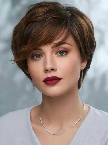 Short Pixie Lace Front Wigs Remy Human Hair 6" Layered Brown Wigs