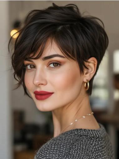 Short Pixie Cut Wigs Human Hair 6" Wavy With Bangs Monofilament Wigs