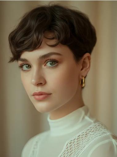 Short Brown Wigs Synthetic Wavy 4" With Bangs Wigs