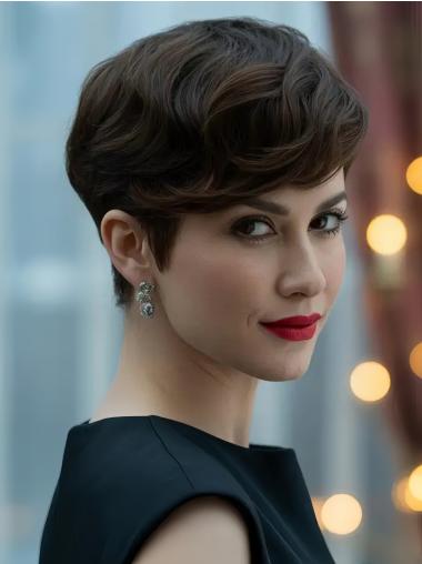 Short Pixie Wig With Bangs 4" Brown Remy Human Hair Wigs