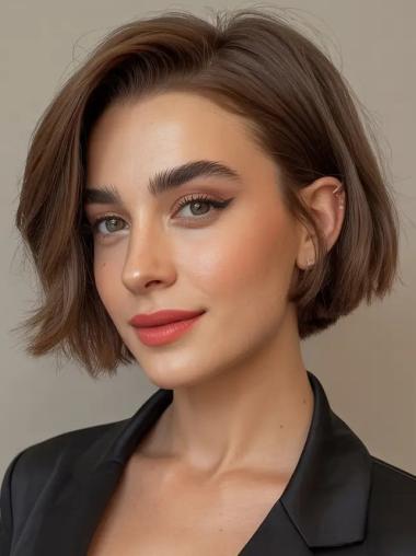 Short Brown Bob Wig Synthetic Wavy 8" Monofilament Wigs