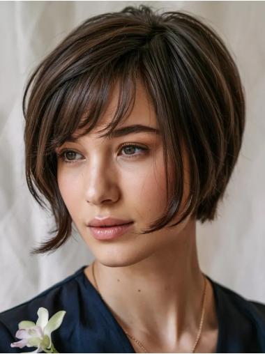 Short Brown Hair Wig Straight With Bangs 6" Synthetic Wigs