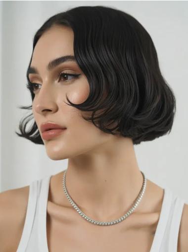 Short Bob Wigs With Bangs Wavy 8" Lace Front Black Wigs