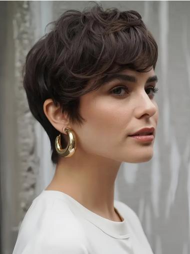 Short Lace Front Wig Brown 4" Wavy With Bangs Wigs