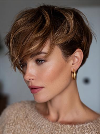 Short Brown Wig Wavy Layered 6" Remy Human Hair Wigs