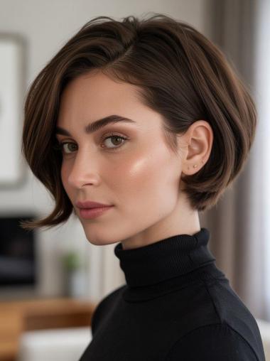 Wig Short Bob Wavy 8" Monofilament Brown Wigs