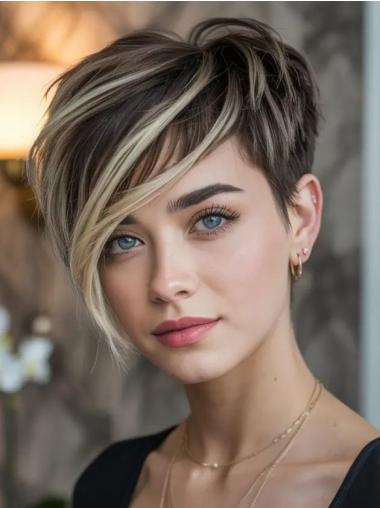 Short Cut Wigs Human Hair Ombre Tone Monofilament 6" With Bangs Wigs