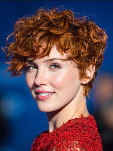 Human Hair Curly Short Wigs Copper Lace Front 4" With Bangs Wigs