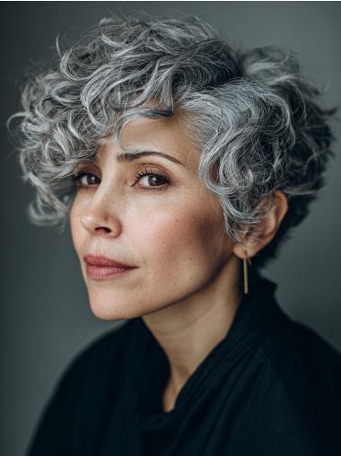 Short Mixed Gray Wigs Monofilament Synthetic 6" With Bangs Wigs