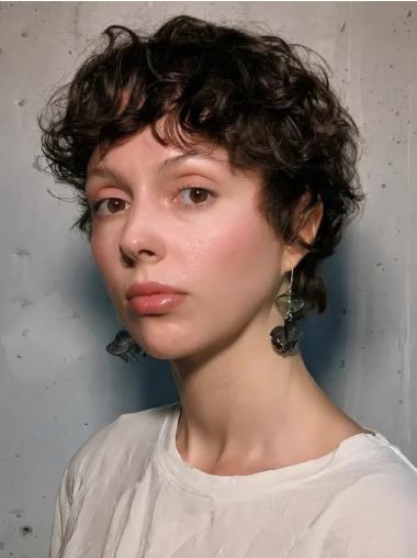 Short Curly Human Wigs Black Lace Front 4" With Bangs Wigs