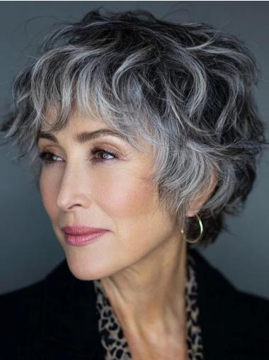 Salt And Pepper Short Wigs Monofilament Human Hair 6" With Bangs Wigs