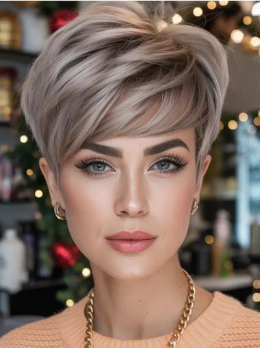 Short Silver Wigs Monofilament Remy Human Hair 4" With Bangs Wigs
