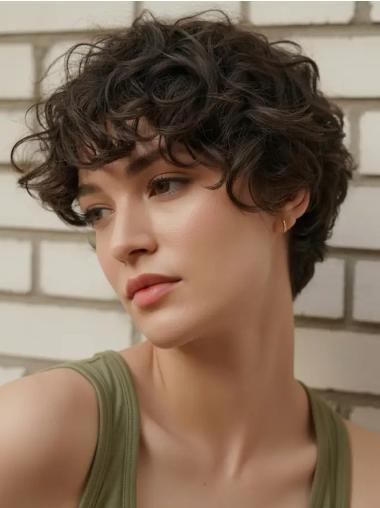 Short Curly Hair Wig With Bangs 6" Brown Remy Human Hair Wigs