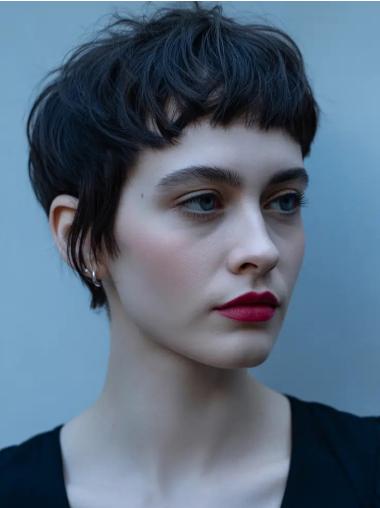 Short Black Wigs For Sale Wavy With Bangs 4" Remy Human Hair Wigs