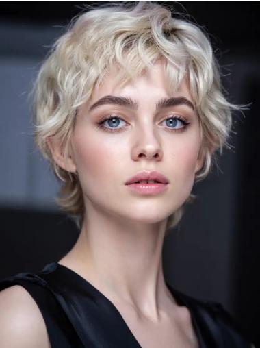 Short Remy Human Hair Wigs Blonde Lace Front 6" With Bangs Wigs