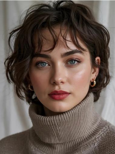 Short Remy Hair Wigs Brown Monofilament 6" With Bangs Wigs