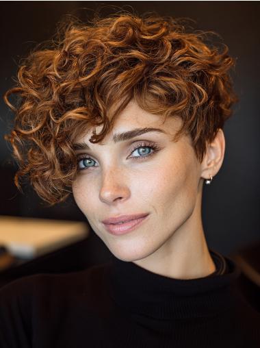 Short Brown Curly Wig Monofilament With Bangs 6" Remy Human Hair Wigs