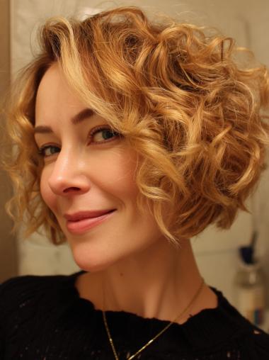 Human Hair Wigs Short Curly Blonde Monofilament 8" Bobs Wigs