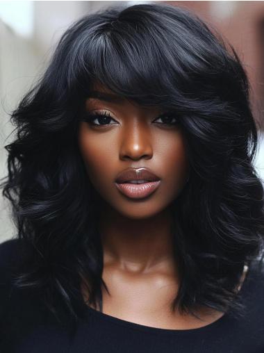 Wigs For African American Women Remy Human Hair With Bangs 16" Long Wigs