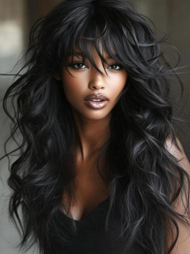 Wigs For Round Face African American Remy Human Hair With Bangs 22" Long Wigs