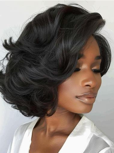 Medium Length Wigs African American 12" Black Remy Human Hair Wigs