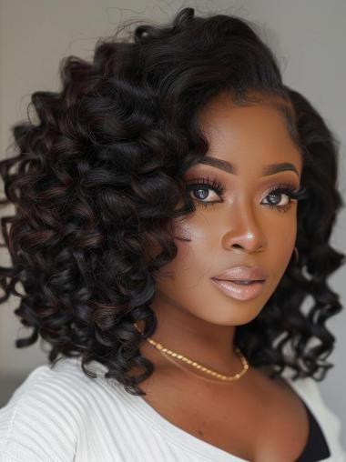 African American Curly Wigs 14" Black Remy Human Hair Wigs