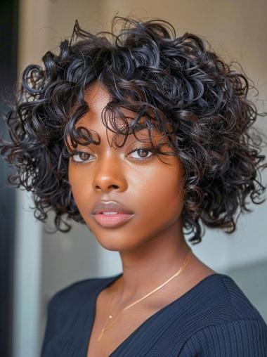 African American Wigs With Bangs Lace Front Chin Length Curly Wigs