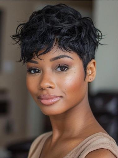 Short Pixie Cut Wigs For African American Black Wavy With Bangs Wigs