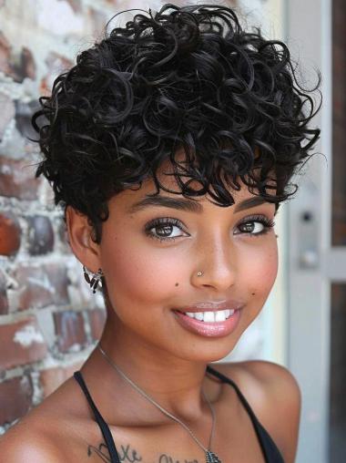 Human Hair Wigs With Bangs For African American Lace Front Short Curly Wigs